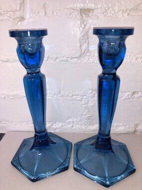 Vintage Fenton Florentine Blue Iridescent Glass Candlesticks